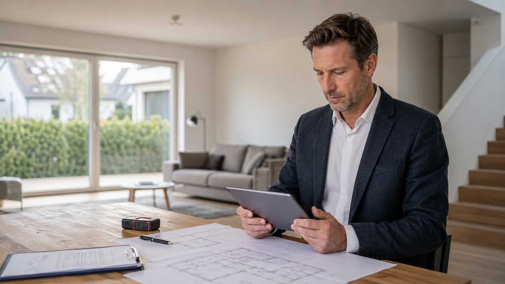 Wohnflächenberechnung; Grundriss und Tablet